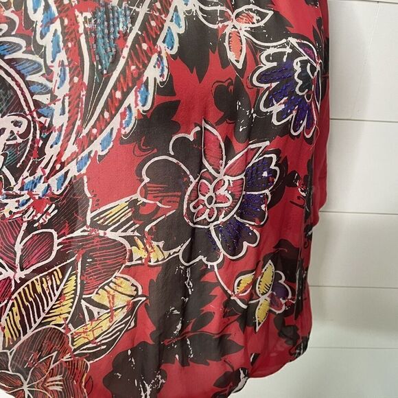 Chico’s Silk Top Blouse Size S M Short Sleeve Sheer Beads Banded Elastic Bottom - Picture 4 of 8